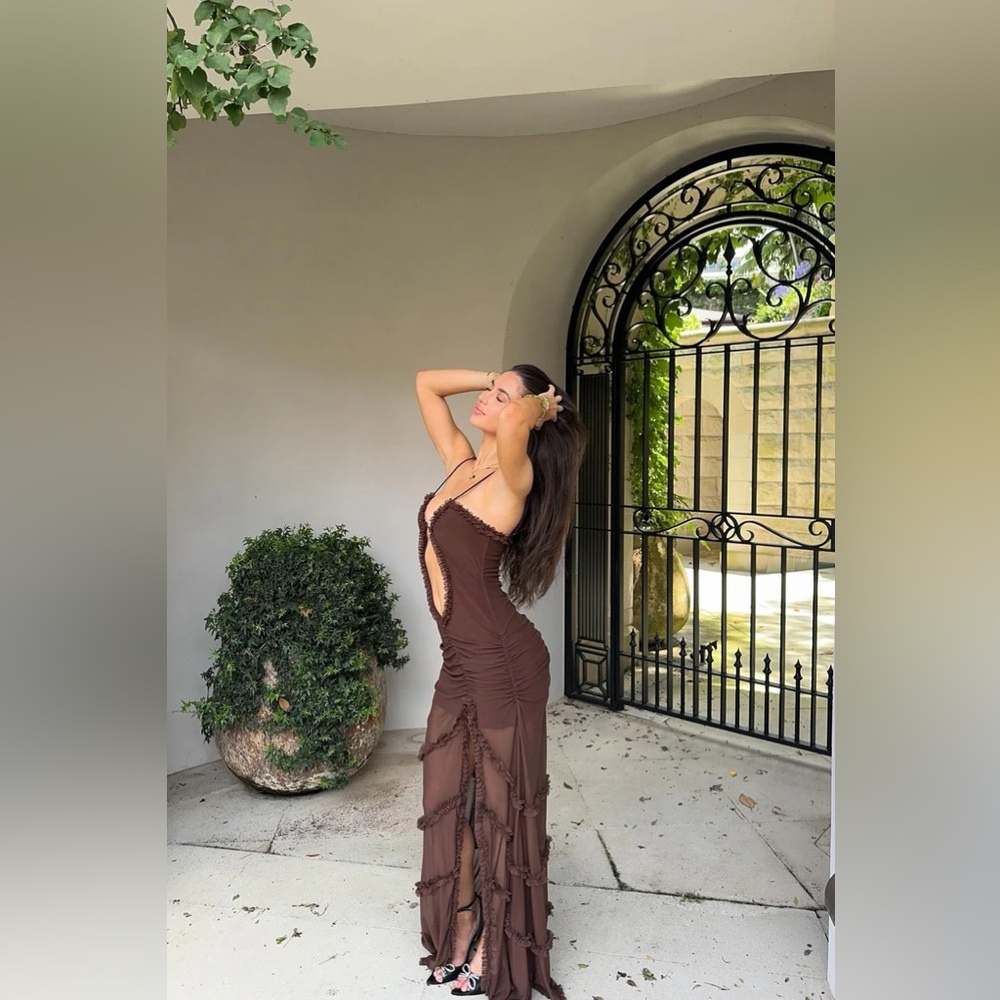 NWT! FASHION NOVA 'Kiana' Sheer Mesh Cut Out Ruffle Trim Maxi Dress - Picture 7 of 7